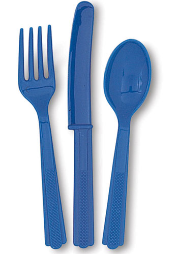Blaues Partybesteck mit Messer, Gabel und Löffel