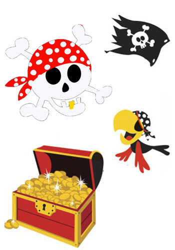 Totenkopf, Schatzkiste, Papagei und Piratenflagge