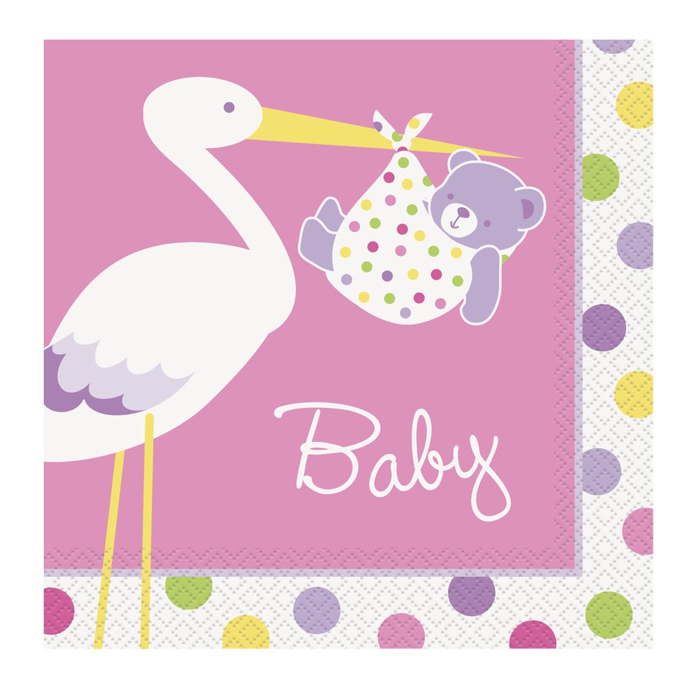Rosafarbene Servietten mit Storch-Motiv - Babyparty